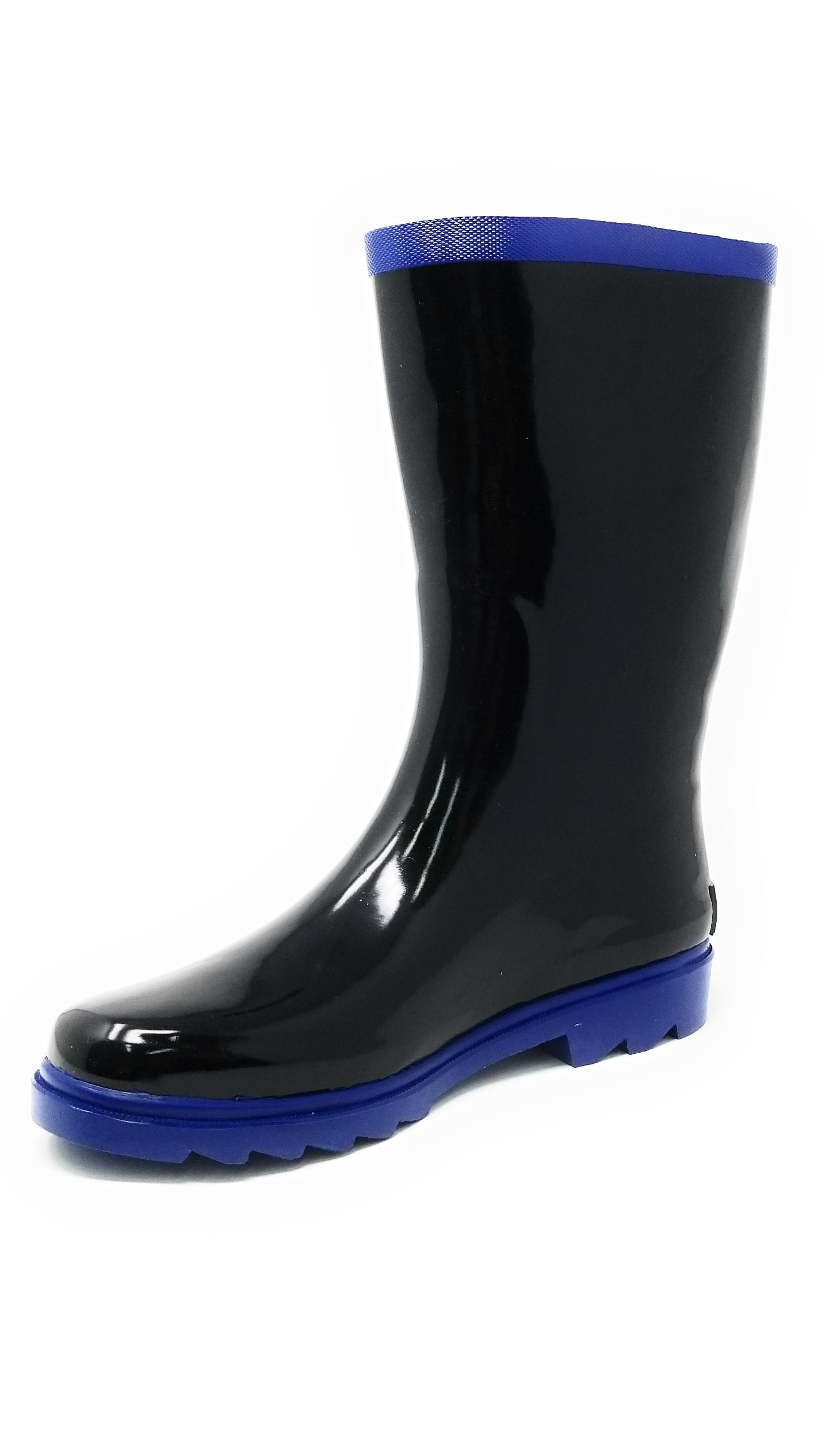 Women Classic Mid-Calf 11" Two-Tone Black & Blue Waterproof Rubber Rain Boots Wellies