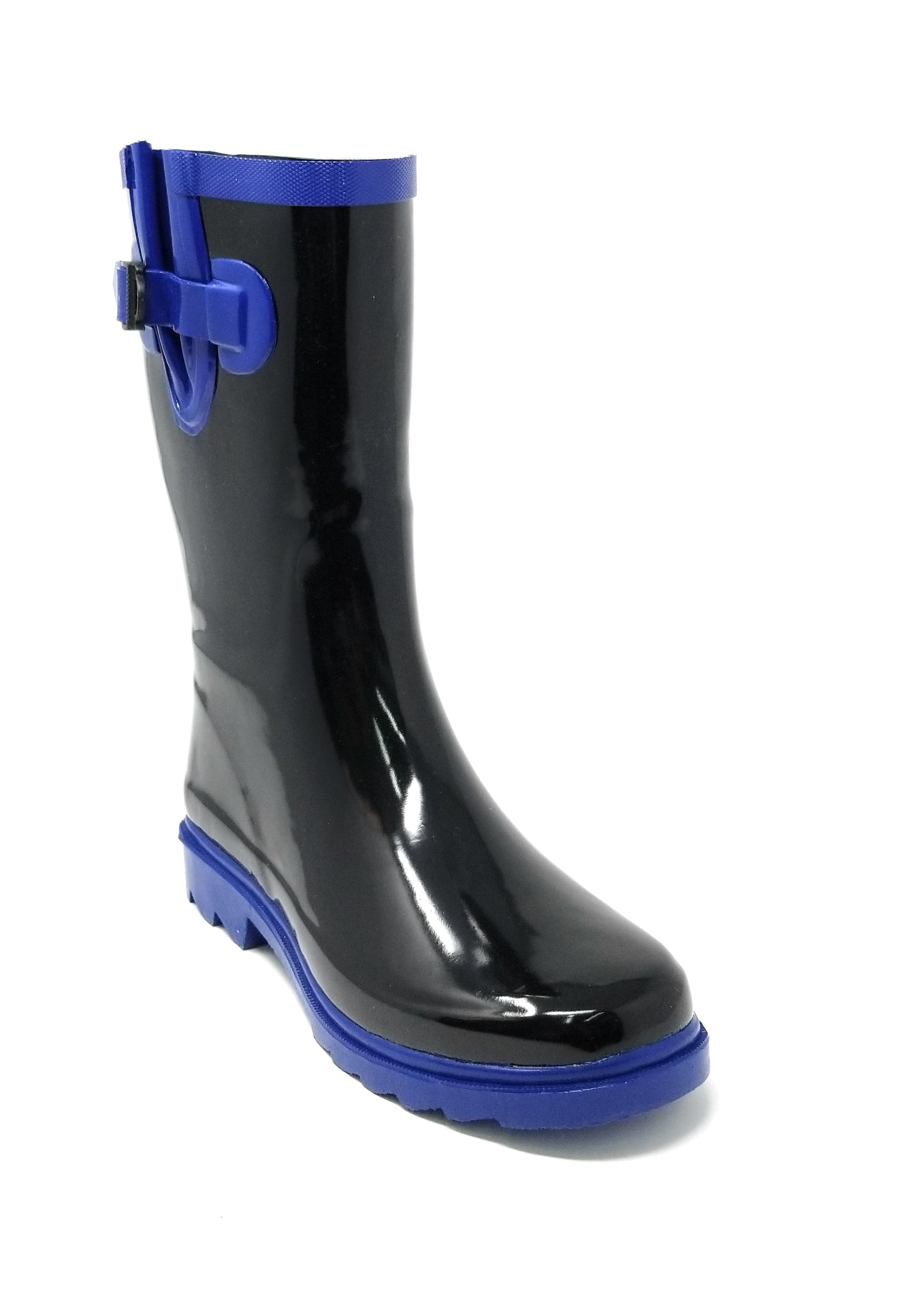 Women Classic Mid-Calf 11" Two-Tone Black & Blue Waterproof Rubber Rain Boots Wellies