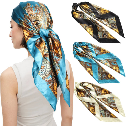 35” Large Square Satin Head Scarf - 3Pcs Satin Hair Scarves Silk Bandana Scarf Headscarf Silk Feeling Scarf for Women