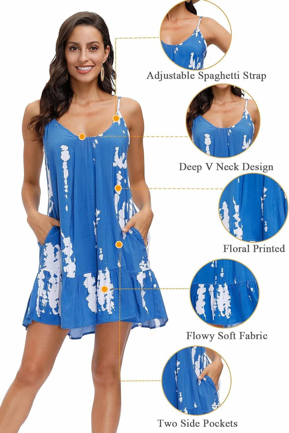 Women'S Spaghetti Strap Mini Dress V Neck Boho Floral Printed Casual Summer Beach Short Sundress with Pockets